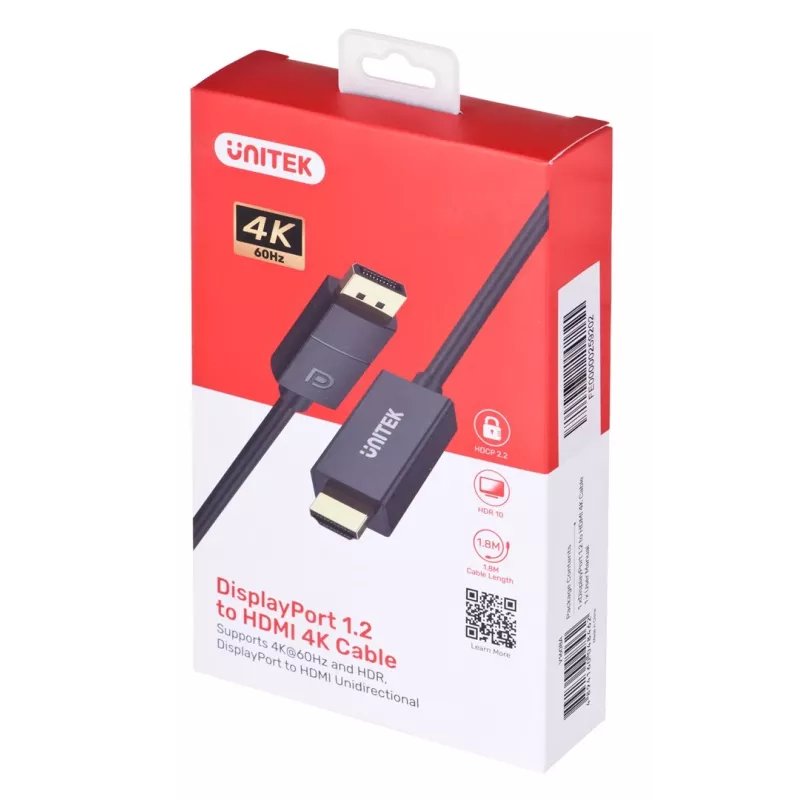 Cavo UNITEK DisplayPort 1.2, HDMI, 4K@60 Hz, 1,8 m, V1608A