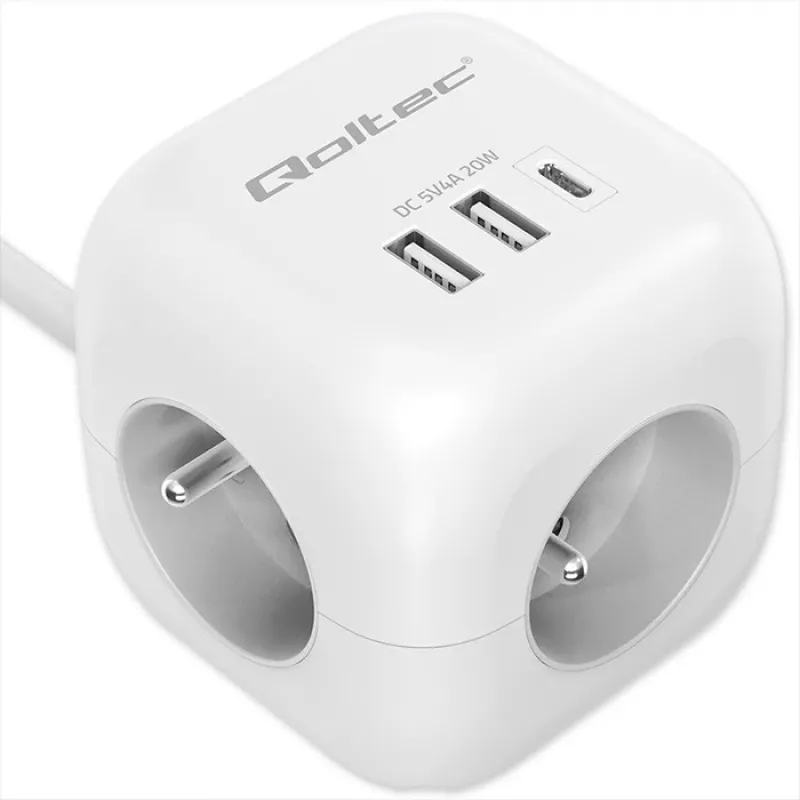 Power Cube QOLTEC 52547 ciabatta 3×prese AC, 2×USB-A, 1×USB-C PD 20W