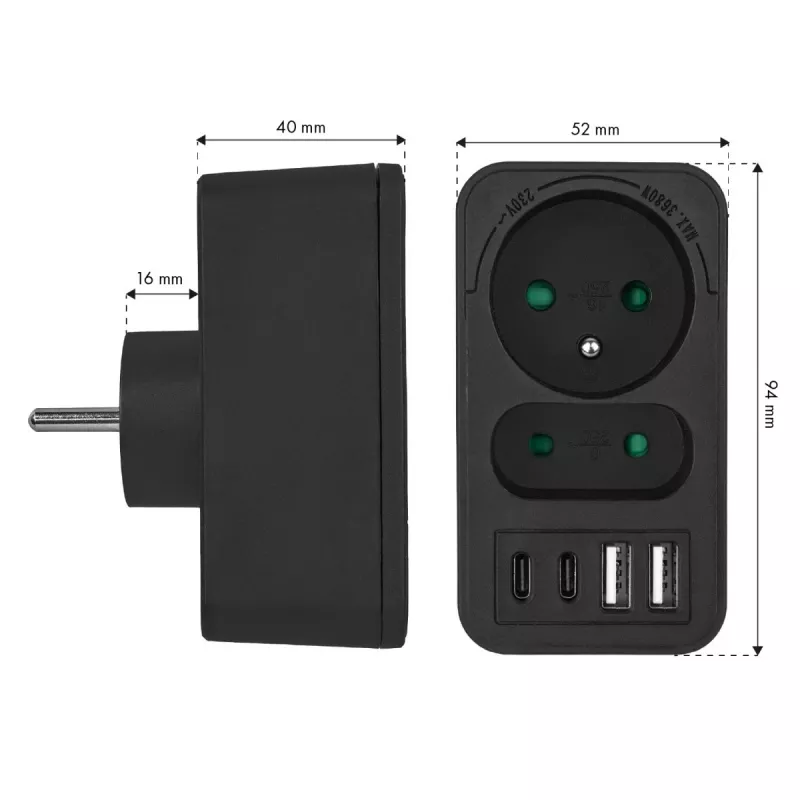 Power splitter MACLEAN MCE249 F/B – 2 prese AC (16A + 6A) con 2×USB-A e 2×USB-C PD 20W, spina EU, nero