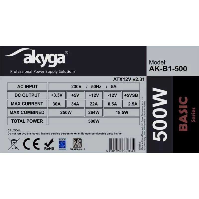Alimentatore ATX Akyga Basic AK-B1-500 500 W, ventola 120 mm, PFC passivo, grigio