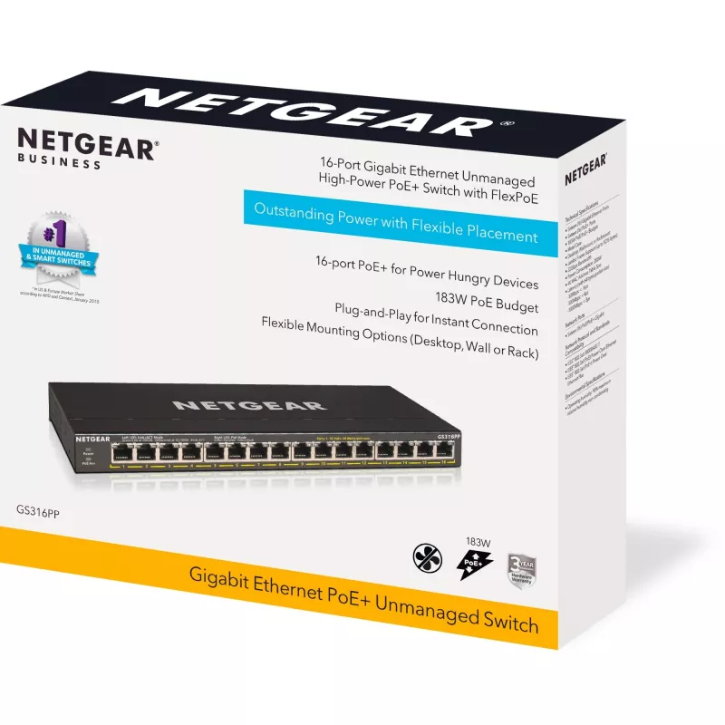 NETGEAR GS316PP Unmanaged Gigabit Ethernet (10/100/1000) Power over Ethernet (PoE) nero