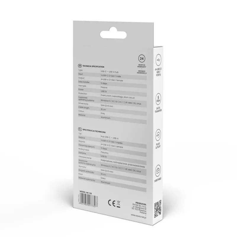 Hub USB SAVIO AK-54 — 4 x USB-A (USB 3.2 Gen 1), host USB-C, nero