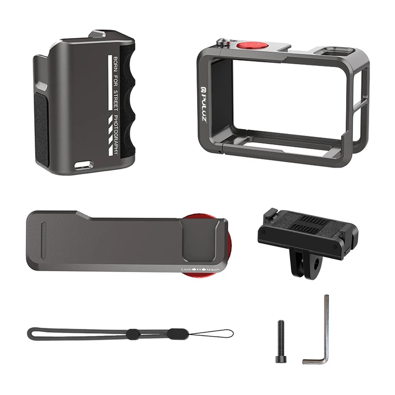 Custodia di protezione in metallo con impugnatura Puluz per DJI Osmo Action 5 Pro / Action 4 / Action 3