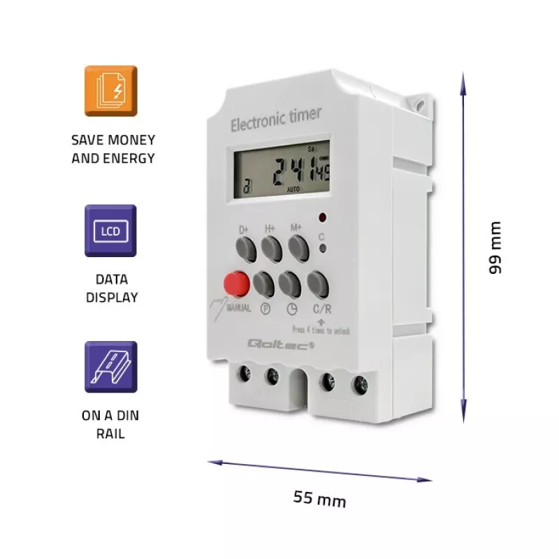 Timer elettronico per guida DIN QOLTEC PC0629 — alimentazione 24V, uscita 16A