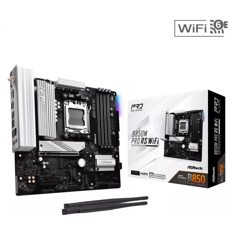 Scheda madre ASRock B850M Pro RS WiFi — AMD B850, socket AM5, microATX, DDR5, 4 DIMM, 256GB, Wi-Fi 6E, LAN 2.5Gb, 3x M.2