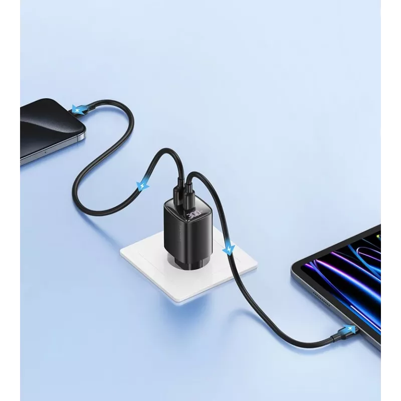 Caricabatterie rapido GaN USB e USB-C 30W usams CC229 bianco — indicatore LED, design compatto