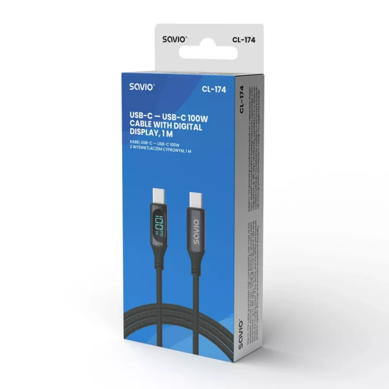 Savio CL-174 cavo USB-C - USB-C, 100 W, Power Delivery/Quick Charge, display digitale, 1 m, verde