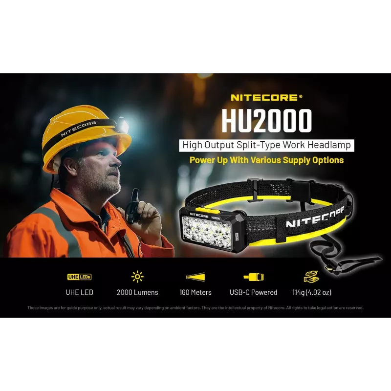 Torcia frontale Nitecore HU2000, 10 LED, batteria ricaricabile agli ioni di litio USB, alluminio+policarbonato, impermeabile IP68