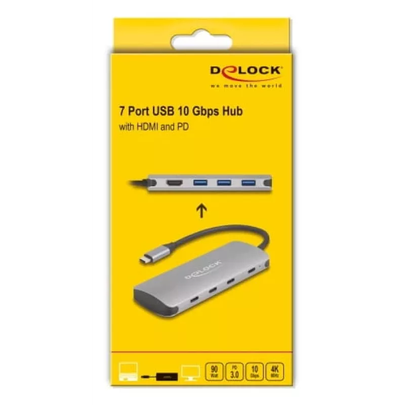 Hub USB-C DELOCK 64323 — host USB 3.2 Gen 2 Type-C, HDMI + 2× USB-A + 2× USB-C, 10 Gbit/s, grigio