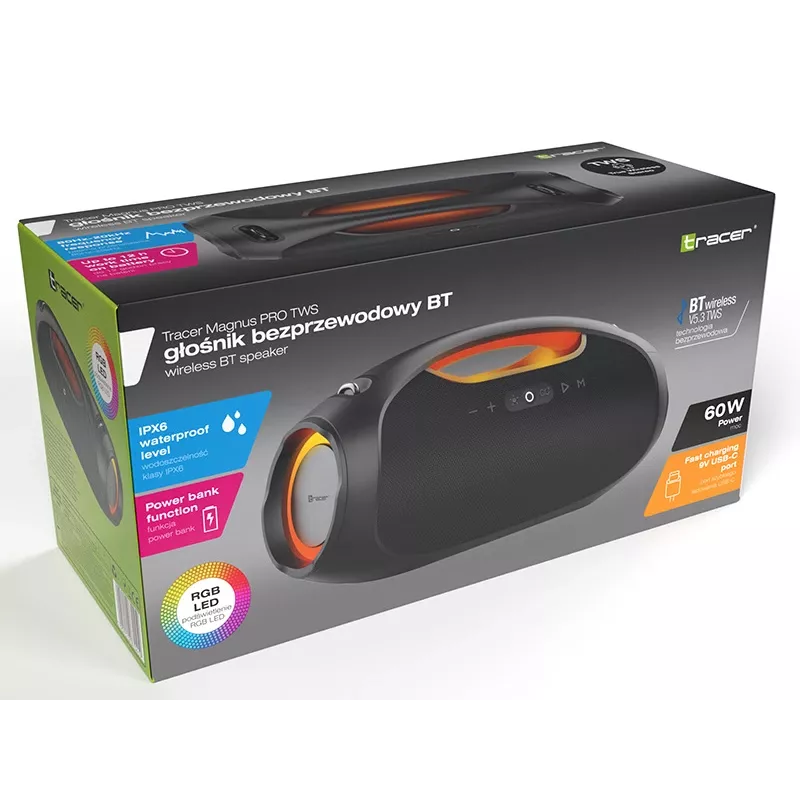 Altoparlante stereo portatile TRACER TRAGLO47226 — wireless Bluetooth 5.3, 60 W RMS, batteria 12 h, nero