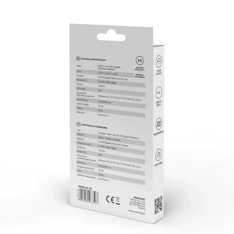 Adattatore SAVIO USB-C 3.1 Gen.1 (M) a RJ-45 Gigabit Ethernet (F), 1000 Mbps, AK-56, grigio