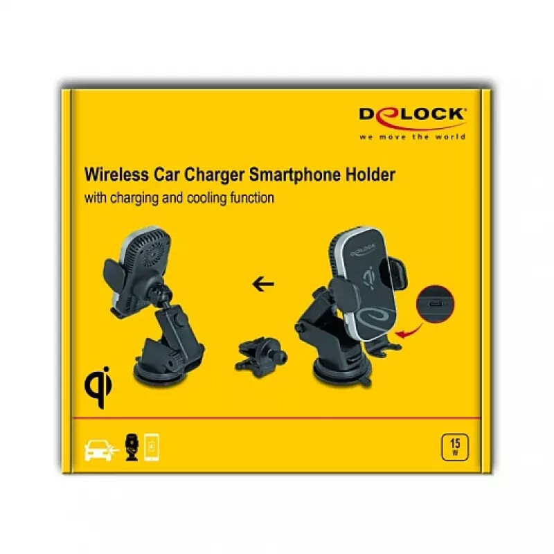 Supporto auto attivo DELOCK 66939 per telefoni cellulari — supporto a ventosa, nero/grigio, compatibile con ricarica wireless