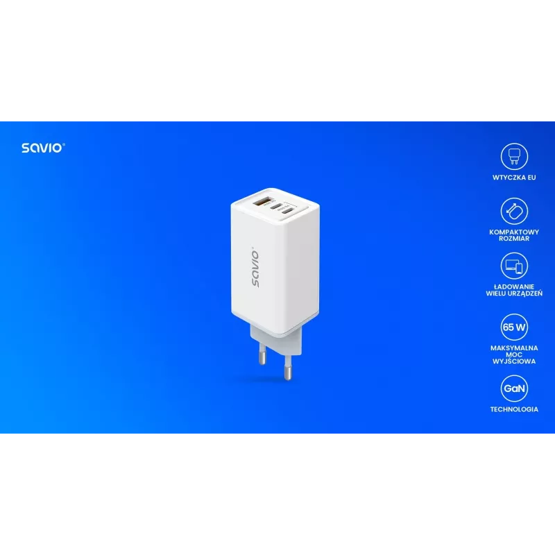 Alimentatore SAVIO LA-07 GaN 65W, USB, QC4.0+, PD 3.0, bianco