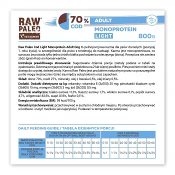 VetExpert Raw Paleo Cod Light Monoprotein merluzzo cibo umido per cani 800 g