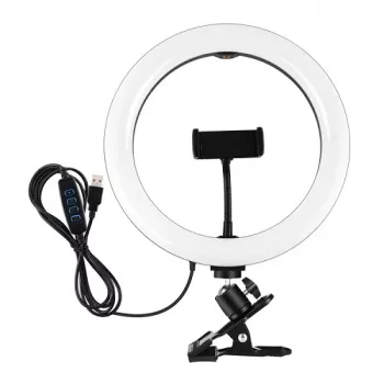 Ring light LED 26 cm con supporto per telefono e morsetto, USB