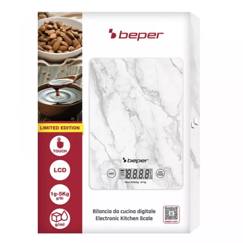 Bilancia da cucina Beper P102BIL004 - digitale, 5 kg, 1 g, marmo bianco