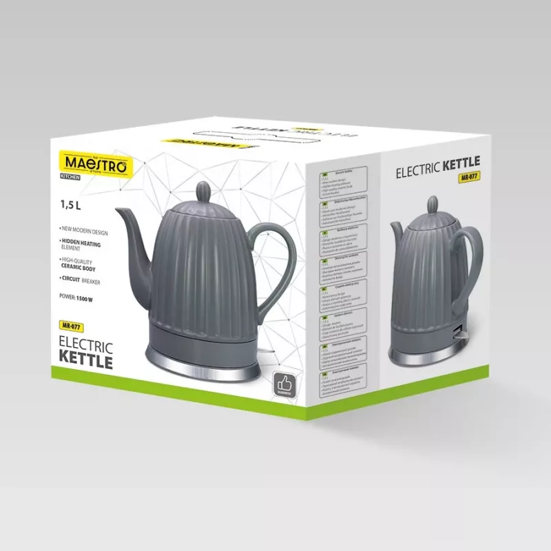 Bollitore Maestro MR-077, 1,5 L, 1500 W, corpo in ceramica, grigio