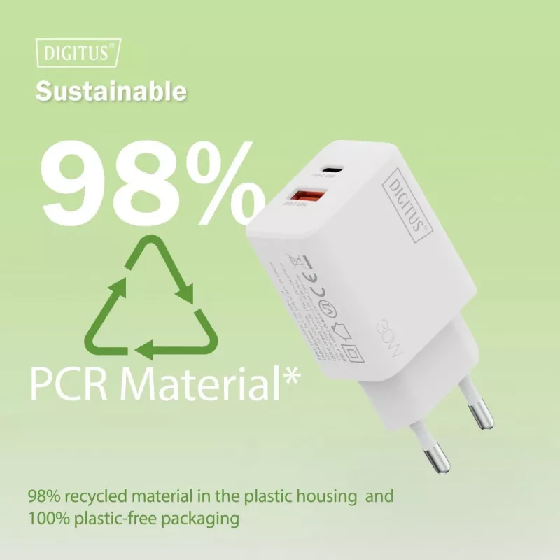 Caricabatterie USB GaN AC da interno DIGITUS DA-10301 — 30W, 1× USB-C, 1× USB-A, 100–240V, bianco