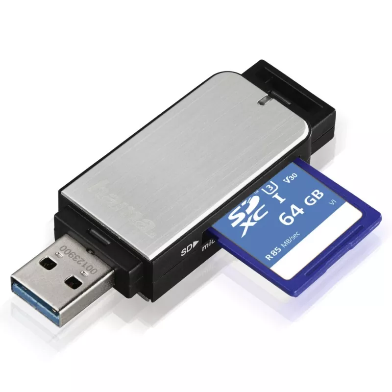 Hama 123900 lettore di schede USB 3.0 SD/microSD, alluminio, nero/argento