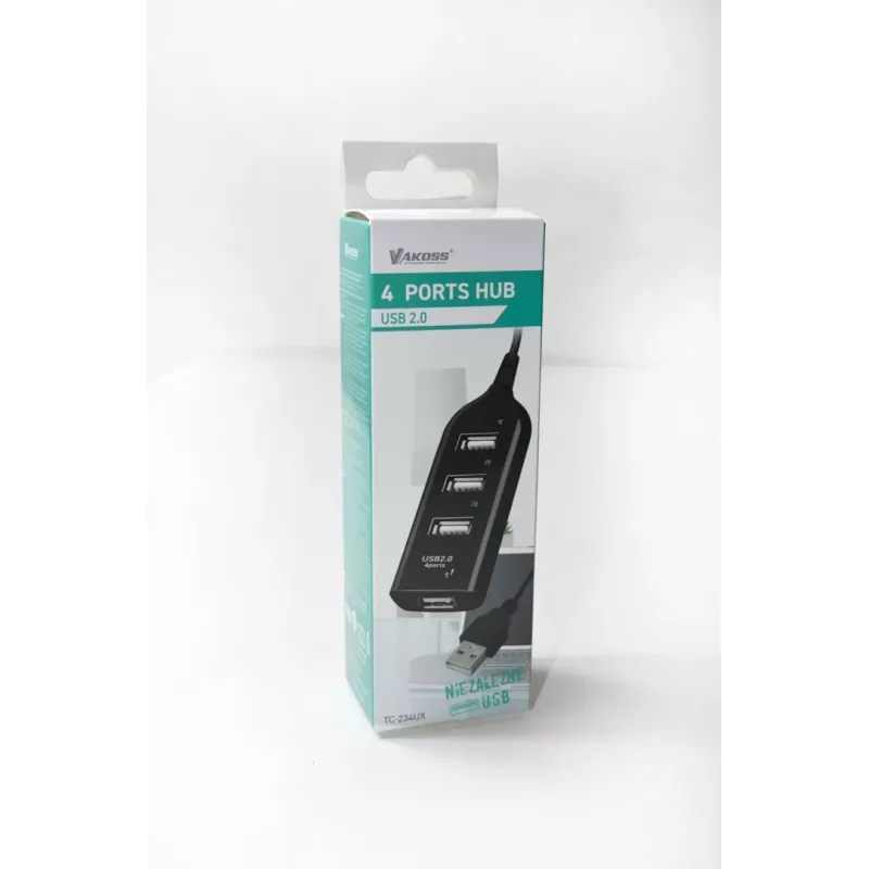 Hub USB VAKOSS TC-234UX — hub USB 2.0 a 4 porte, alimentazione DC (5 V, 1 A), nero