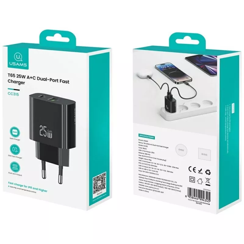 Caricabatterie USB usams USA001629 25W 1×USB-C + 1×USB-A ricarica rapida