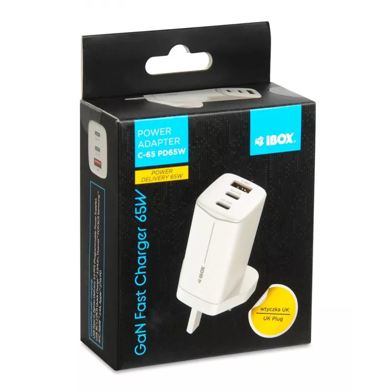 iBOX C-65 bianco, caricabatterie universale GaN 65W spina UK