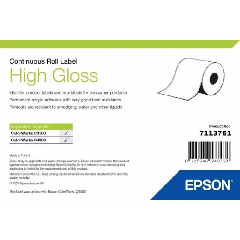 Rotolo di etichette Epson 7113751, finitura lucida, larghezza 76 mm, lunghezza 33.000 mm