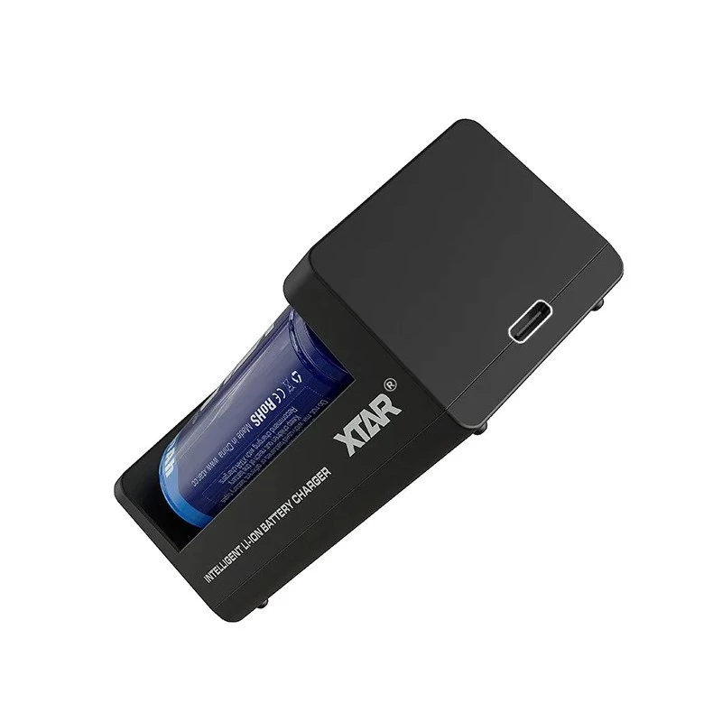 Caricabatterie per batterie Li-Ion XTAR a doppio slot per celle 18650, ingresso USB-C, 2 slot, nero, indicatori LED