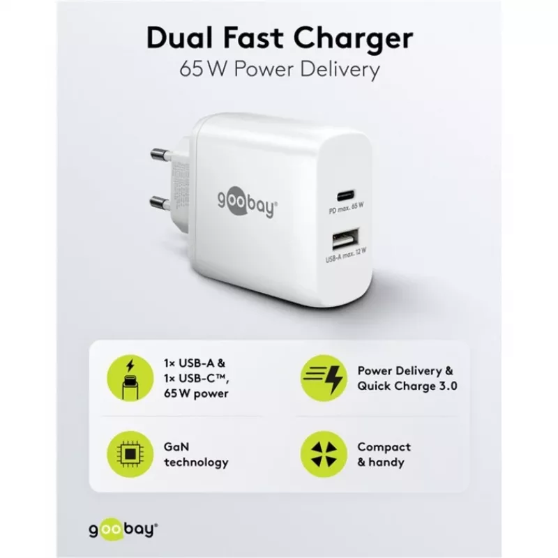Caricabatterie rapido duale USB-C, PD, GaN, 65 Watt (bianco, 1x USB-C, 1x USB-A, Power Delivery)