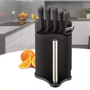 Set blocco coltelli e posate Maestro MR-1413 – nero, 8 pezzi, lame in acciaio inox con supporto, portarotolo
