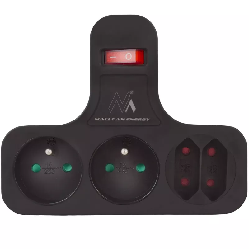 Maclean Presa elettrica, quadrupla con interruttore, piede stabilizzante, tipo E, 2x2,5A, 2x16A, MCE224 E/B