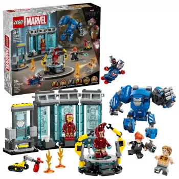 LEGO Marvel Iron Man Laboratorio Armeria 76315 set di gioco – 384 pezzi, 5 minifigure, area espositiva