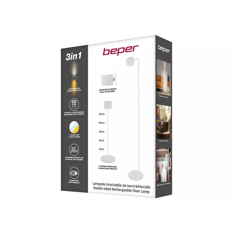 Beper P201UTP305 lampada LED ricaricabile con altezza regolabile, da terra e fissabile a parete, 2,3 W, dimmerabile, bianca