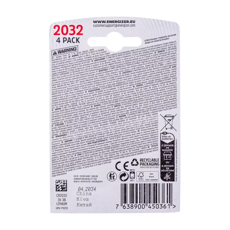ENERGIZER BATTERY SPECIALIZED CR2032, 4 pz., 3V, ECO