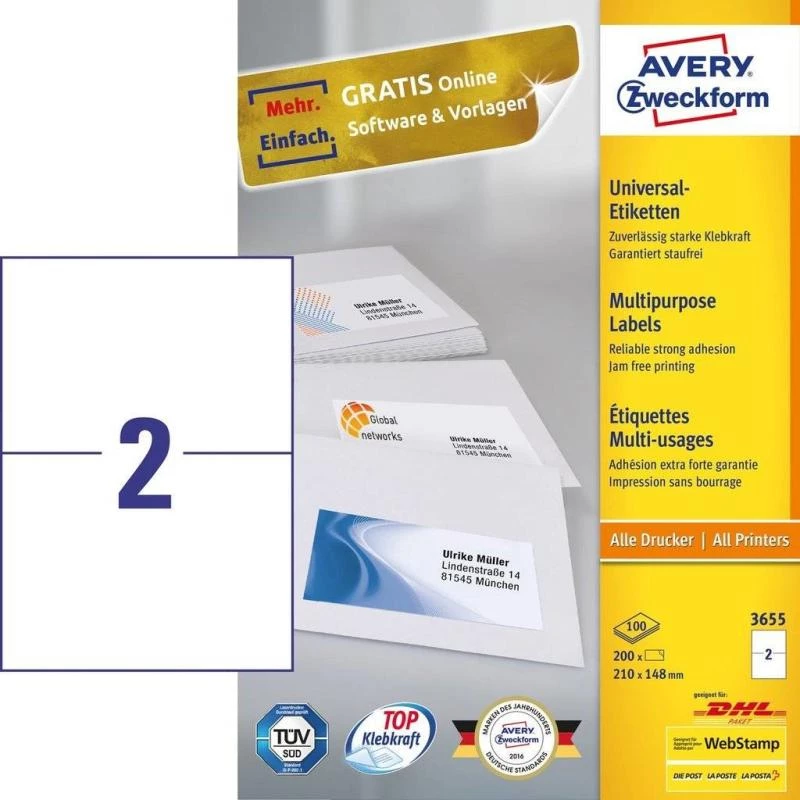 Avery 3655 etichette adesive rettangolari permanente bianco 200 pezzi