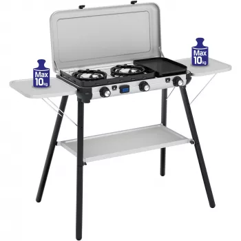 Camping Kitchen 2 Multi Cook Plus, fornello a gas grigio, 2 zone di cottura 2x 1,8 kW + piastra grill 0,9 kW, modello 2025