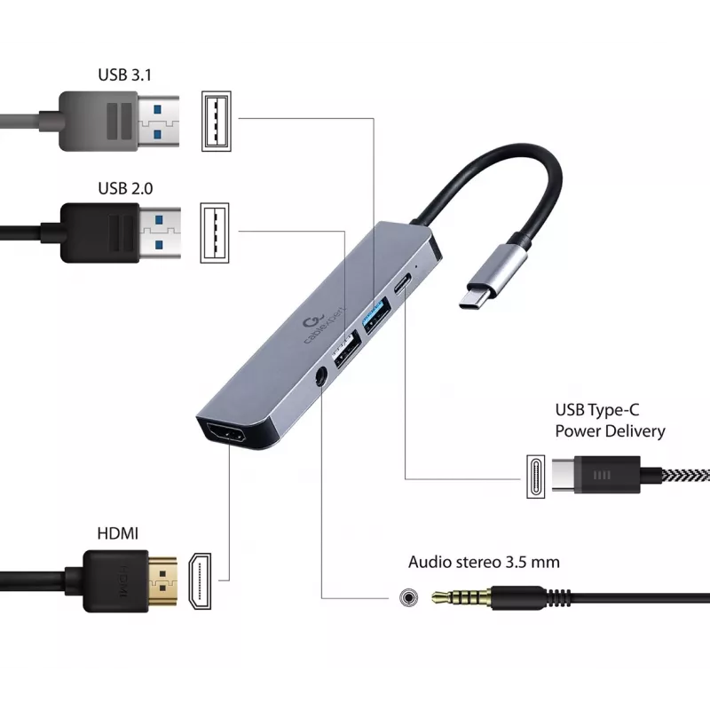 Gembird A-CM-COMBO5-02 dock per laptop/replicatore di porte USB con filo USB 3.2 Gen 1 (3.1 Gen 1) Type-C argento