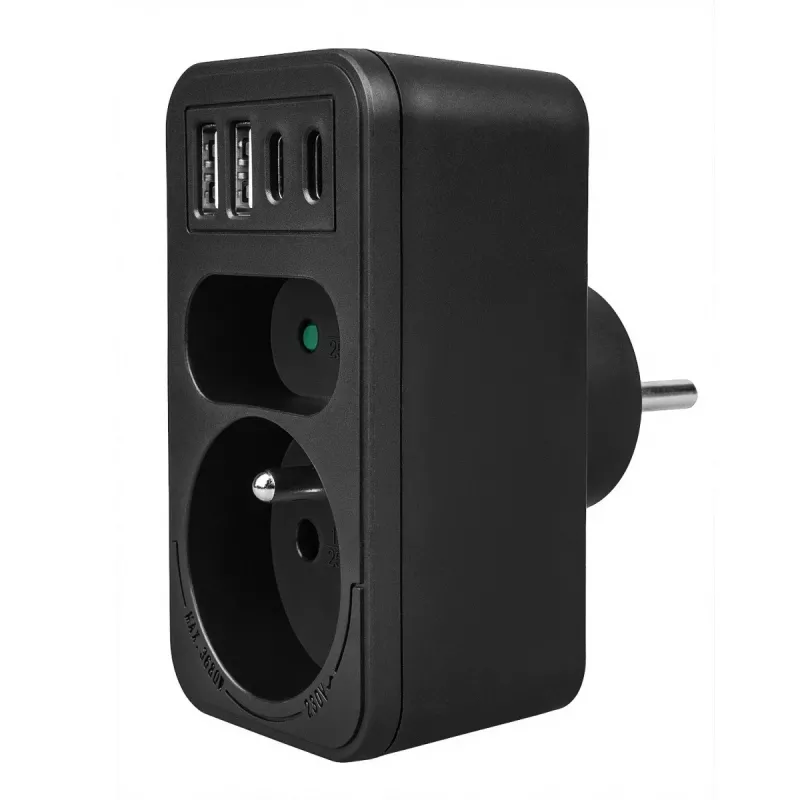 Power splitter MACLEAN MCE249 F/B – 2 prese AC (16A + 6A) con 2×USB-A e 2×USB-C PD 20W, spina EU, nero