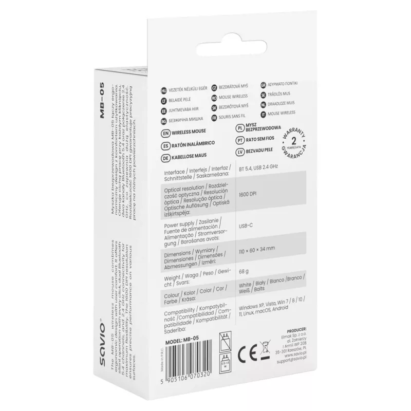 Mouse Savio MB-05 universale ambidestro Bluetooth 1600 DPI