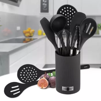 Set utensili da cucina Maestro MR-1542 — set da 8 pezzi in silicone per piano di lavoro, nero, appendibile con supporto portaoggetti