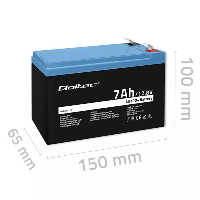 Batteria ricaricabile LiFePO4 12,8V 7Ah, 89,6Wh, BMS
