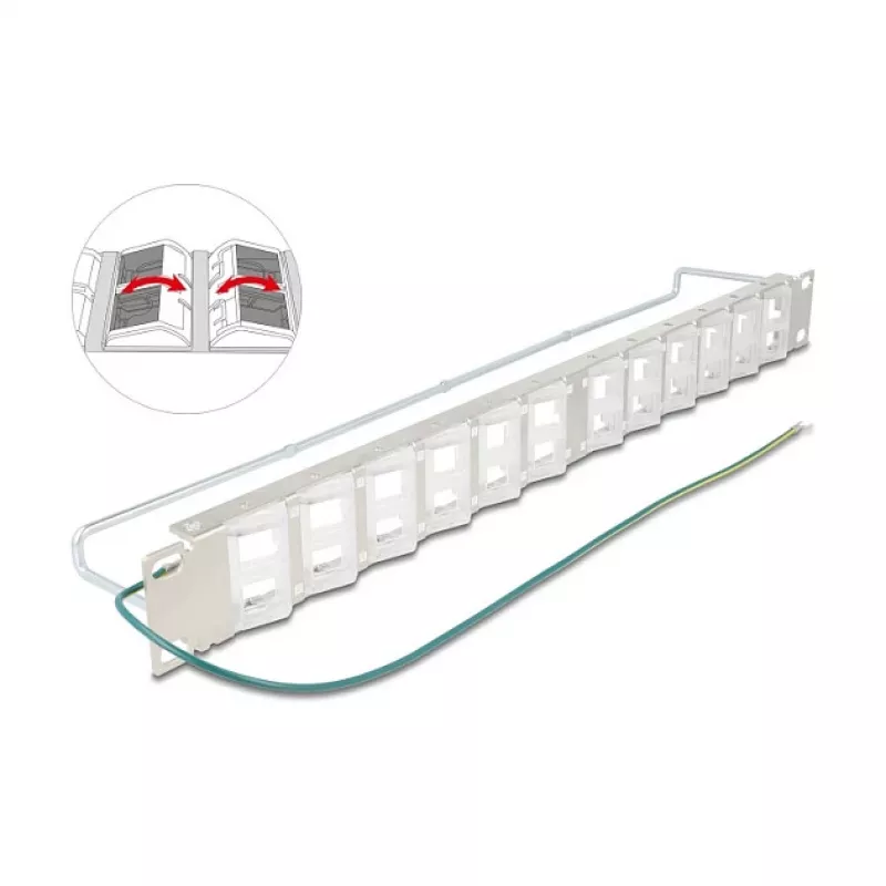 Patch panel 19 inch DELOCK 24 porte Keystone, porte inclinabili, scarico di trazione, 1U metallico