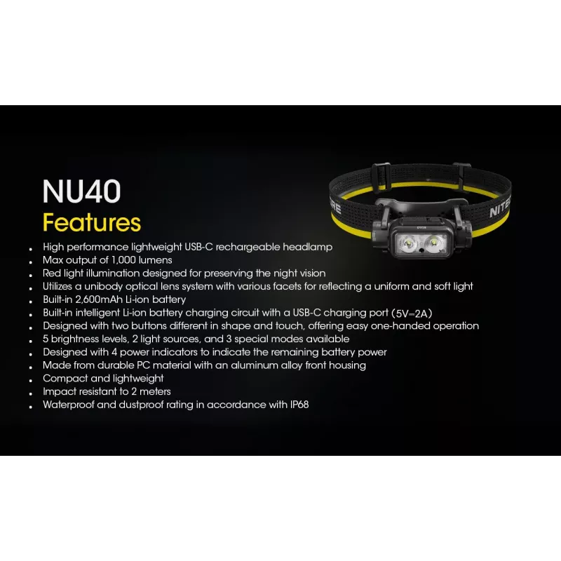 Torcia frontale Nitecore NU40 nero LED 2 lampade IP68