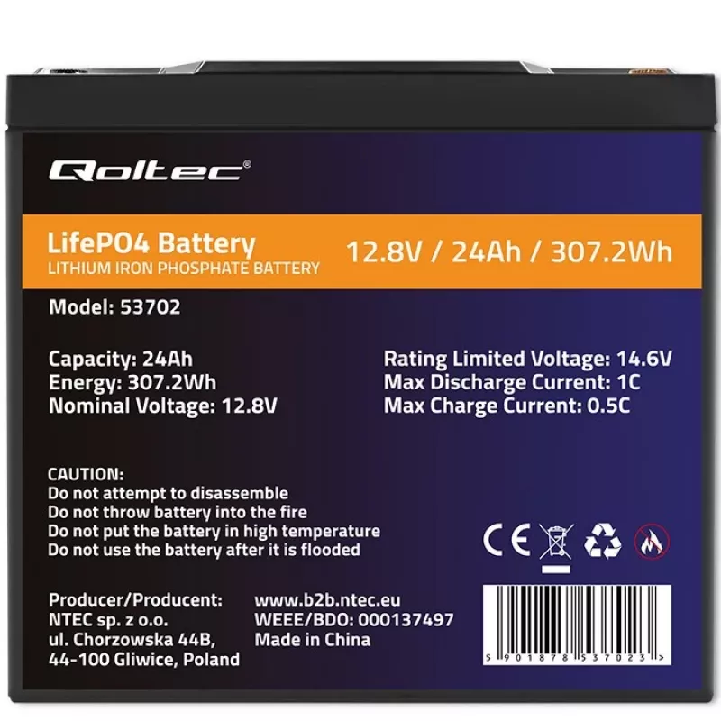 Qoltec 53702 batteria LiFePO4 litio-ferro-fosfato | 12,8V | 24Ah | 307,2Wh | BMS