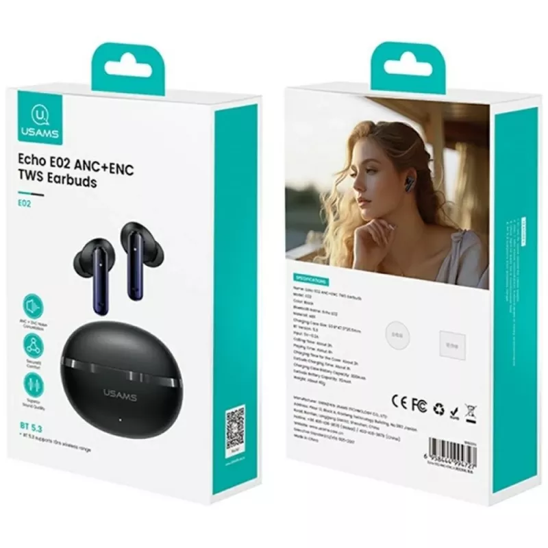 Cuffie Bluetooth Usams TWS E02 ANC+ENC nere