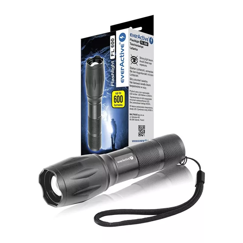 Torcia everActive FL600 — 600 lm, 10 W, corpo in alluminio, IPX4, 130 mm, 3×AAA, rossa
