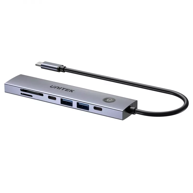 Hub USB-C Unitek H1124AGY01 con 100W PD, HDMI 2.0, 2x USB‑A, 2x USB‑C, lettore schede SD/microSD — alluminio