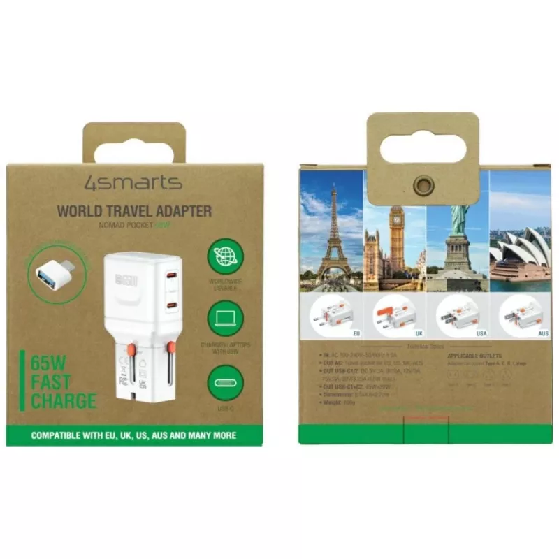 Caricabatterie da viaggio World 65W USB-C + USB-A bianco