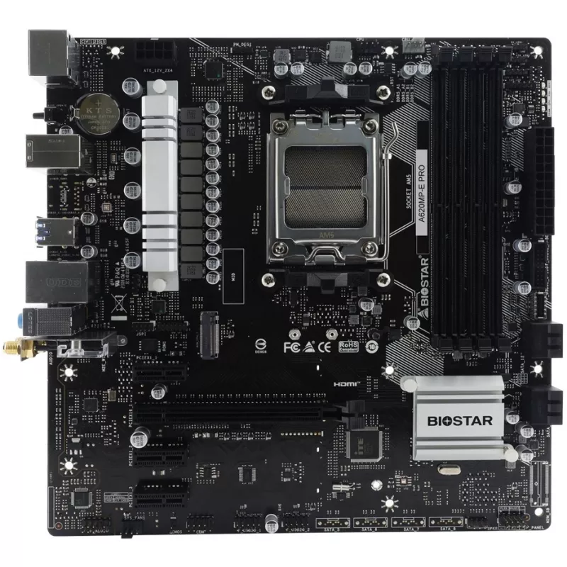 Scheda madre BIOSTAR A620MP-E PRO — AMD A620 microATX, socket AM5, DDR5, 4 DIMM, max. 128 GB, 2,5Gb LAN