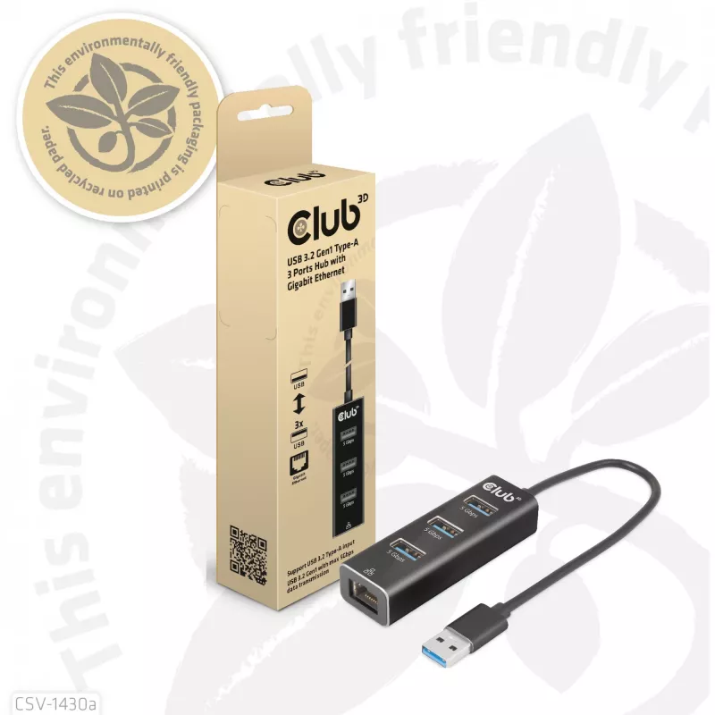 Hub USB CLUB3D USB 3.2 Gen1 Type-A con 3 porte e Gigabit Ethernet